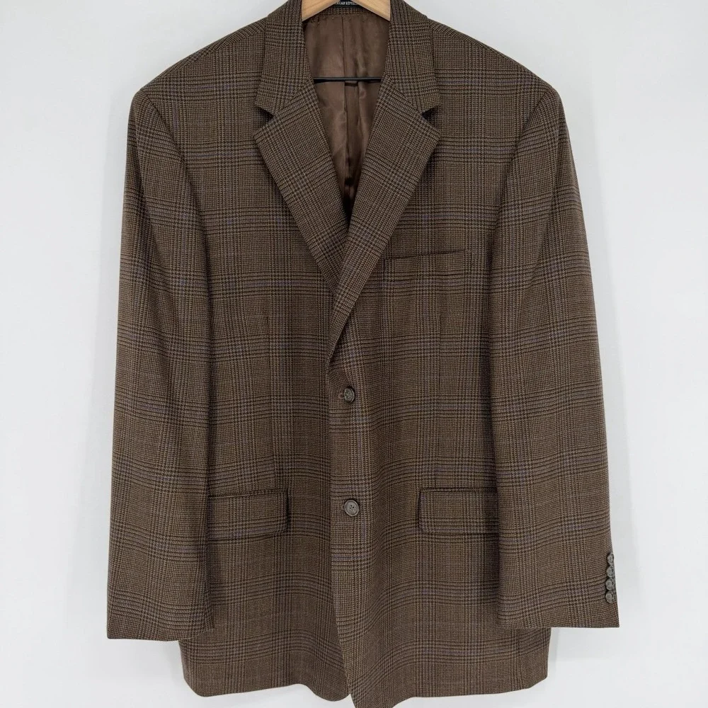 VTG Y2K Andrew Fezza Mens 46R Glen Check Plaid Wool Blazer Sport Coat Brown Blue